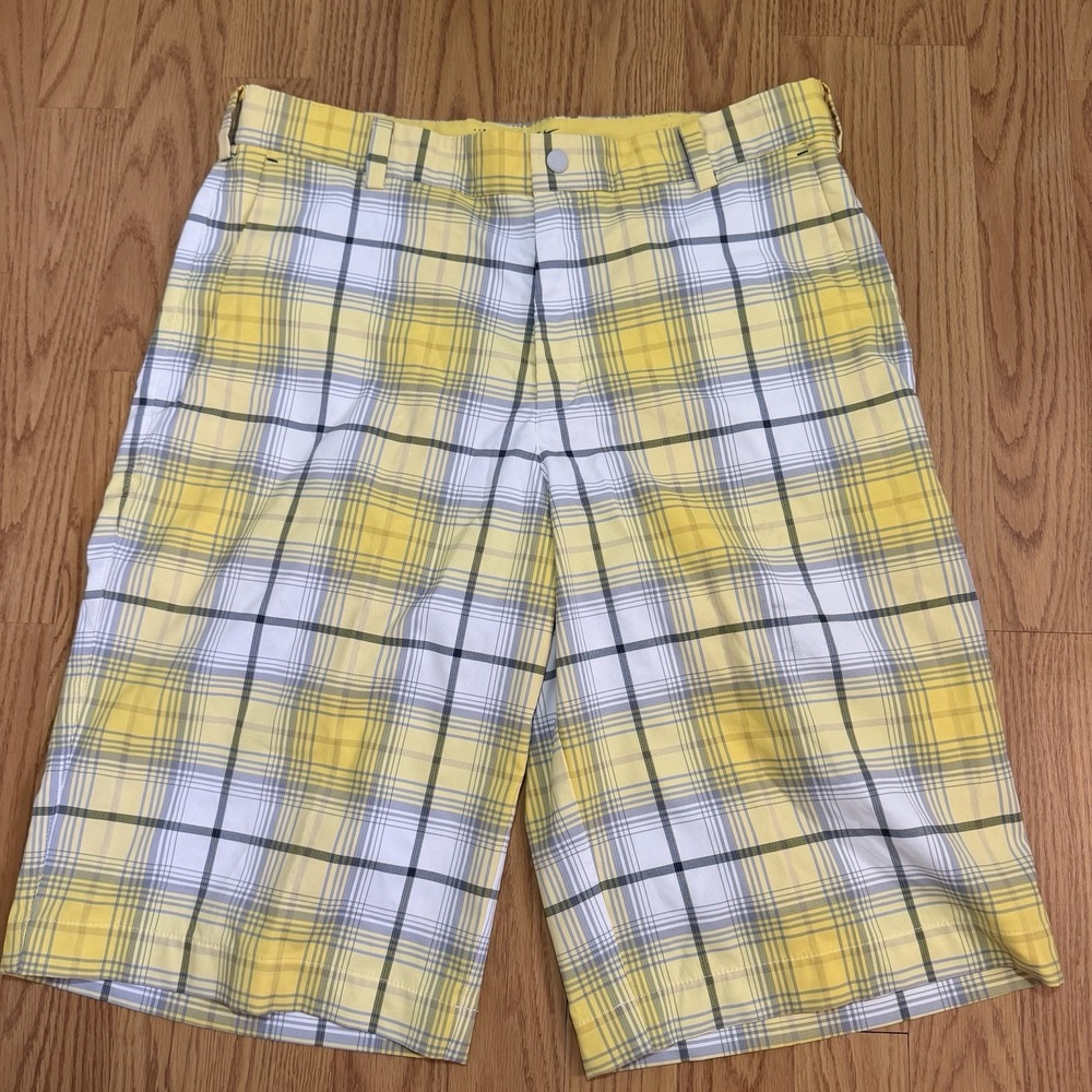 Nike Golf Dri-Fit Men's Golf Shorts Sz 32 Flat Front Plaid White/grey/Yellow
